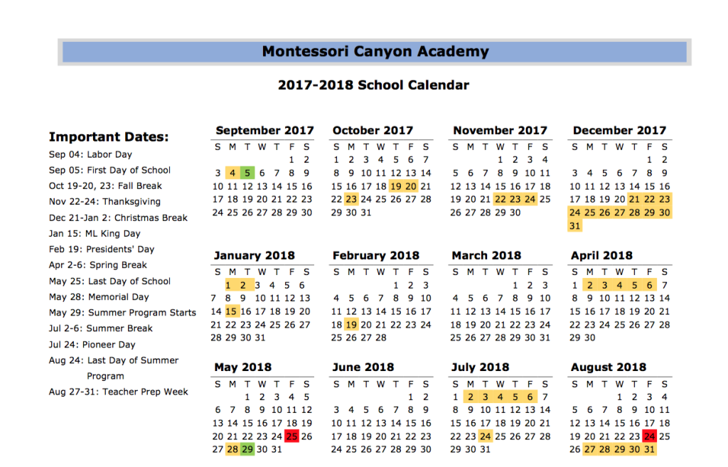 Montessori Canyon Academy Calendar